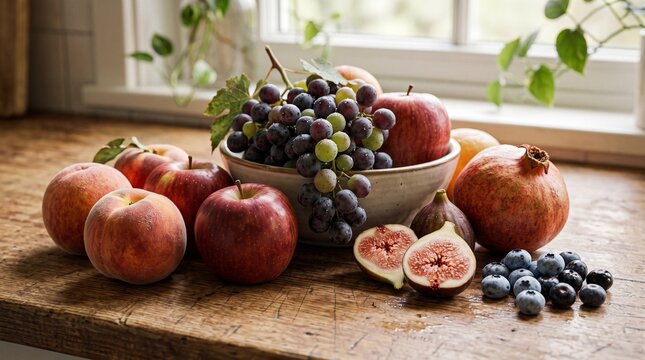 Fresh seasonal fruits on a rustic wooden kitchen table