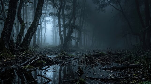 A panoramic view of a dark, misty forest swamp, featuring gnarled trees and their reflections in murky water, creating an eerie blue-green fantasy halloween scene.