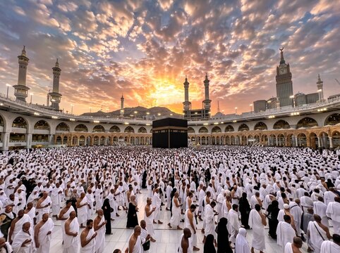 Pilgrims praying at the Kaaba in Mecca during sunset