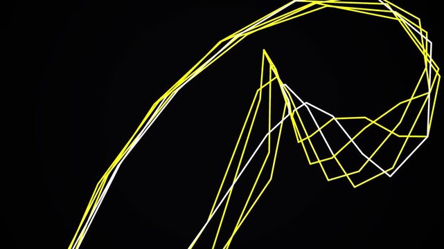 Geometric yellow wireframe lines forming abstract shape on dark black studio background