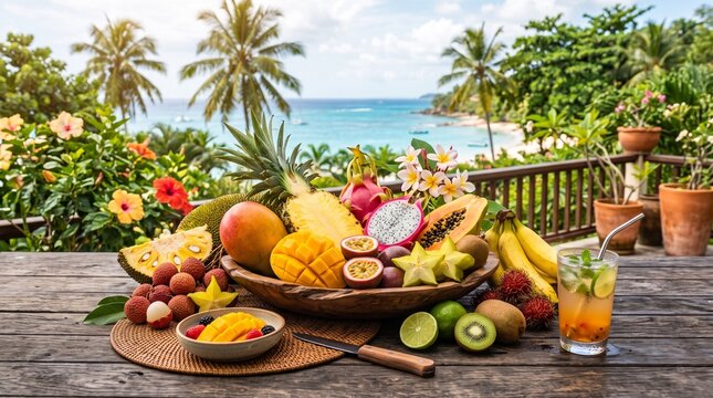 Fresh tropical fruit assortment on a table with ocean view