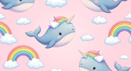Fototapeta premium Adorable narwhal unicorn and rainbow seamless pattern on pink