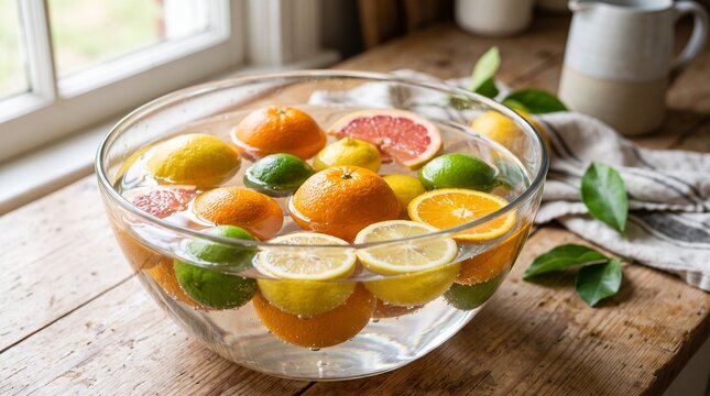 citrus fruits in a glass bowl of water on a wooden table