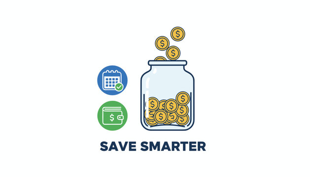 Financial planning illustration showing a glass jar filled with gold coins next to smart saving icons for scheduling and budgeting.