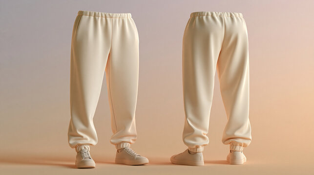 Beige sweatpants worn by a person shown from front and back angles. Ideal for sportswear catalogs or fashion apparel design mockups.