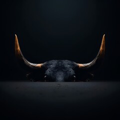 Fototapeta premium Dramatic low key portrait of a bull with large horns lurking in the shadows, representing hidden power and bullish market concept.