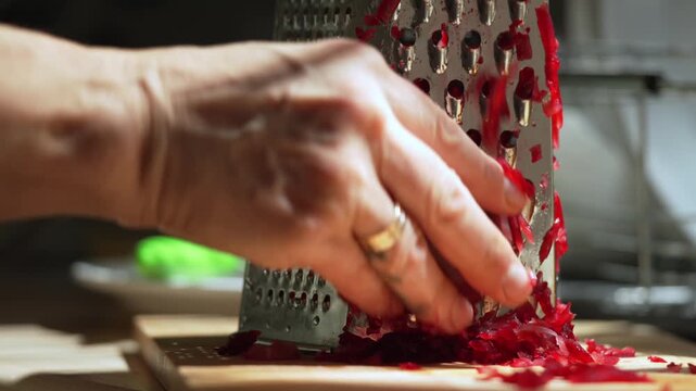 Hands Grating Fresh Beetroot Slow Motion. Close up of hands grating fresh red beetroot on a metal kitchen grater during food preparation in slow motion.
