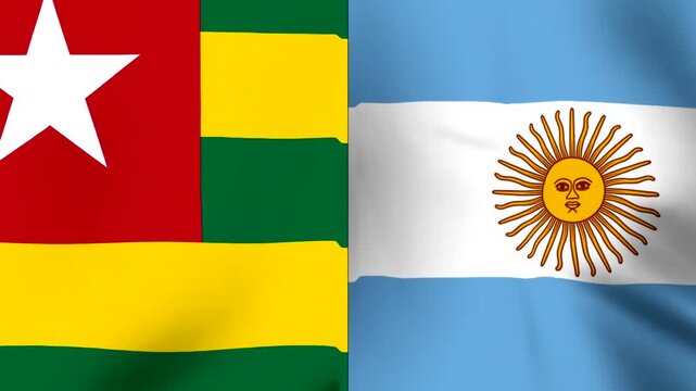 Waving flags of Togo and Argentina combined side by side in a fabric texture design