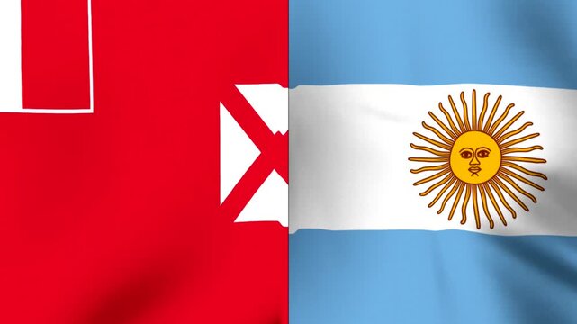 Waving flags of Wallis and Futuna and Argentina together side by side in a split screen composition