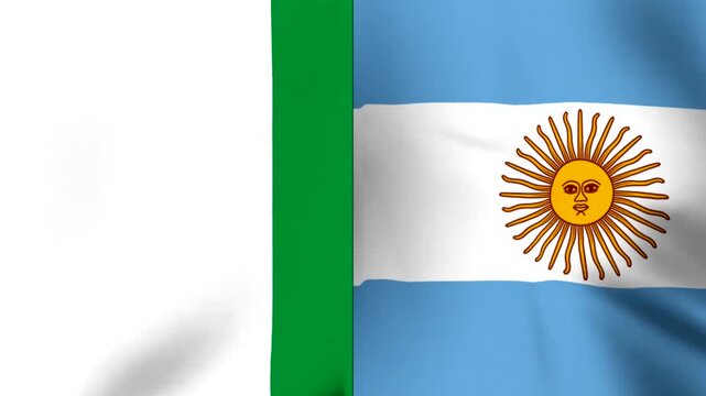 Waving national flag of Argentina featuring a golden sun symbol on white and light blue horizontal stripes background