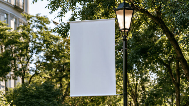 Blank vertical banner mockup mounted on a black lamppost in a green park with trees and sunlight. Perfect for outdoor advertising and city branding campaigns.