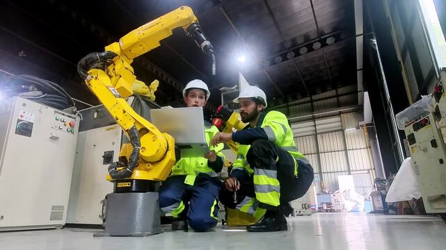 Collaboration with Robotics: Two engineers in safety vests and hard hats collaborate closely with a sophisticated robotic arm on a factory floor, reviewing plans and discussing its operation.
