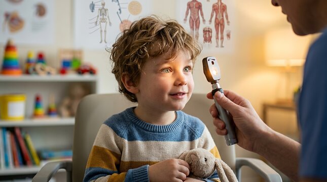 Child receiving an eye examination with an ophthalmoscope in a pediatric clinic office.