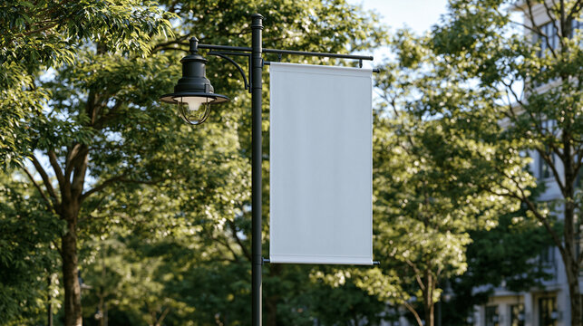 Blank vertical banner mockup on a street lamp pole in a sunny park. Ideal for outdoor advertising and event promotion design.