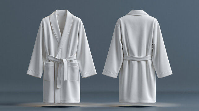 Front and back views of a classic white cotton bathrobe displayed against a neutral background. Perfect for spa branding and luxury hotel textile product mockups.