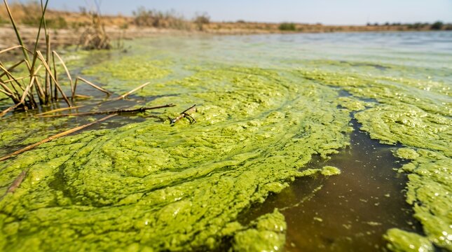 Toxic green algae bloom covering surface of a warm lake water during a summer heatwave