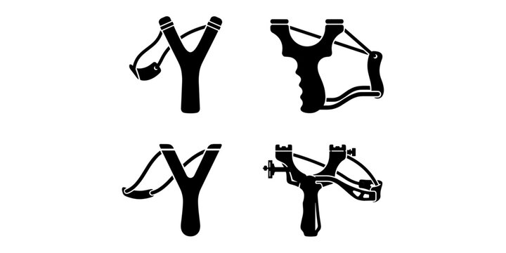 Set of four black silhouette slingshots, catapult on a white background, hunting projectile