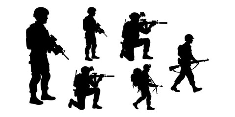 Fototapeta premium Black silhouettes of soldiers in various tactical poses on a white background military