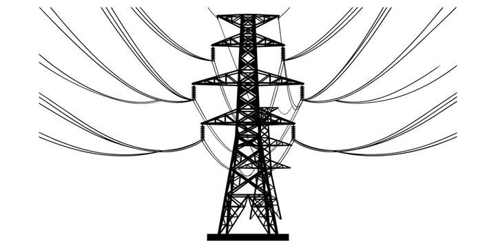 Black silhouette of a voltage electricity pylon with power lines on white background