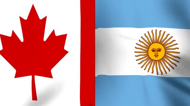 Waving national flags of Canada and Argentina side by side in a concept of international diplomacy and cooperation