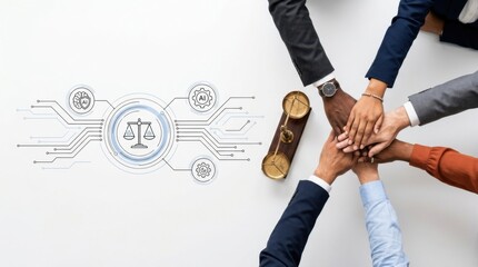 Fototapeta premium Diverse legal team stacking hands together with digital justice tech icons