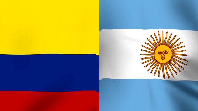 Waving national flags of Colombia and Argentina side by side together