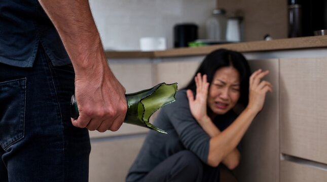 Aggressive Man Holding Broken Glass Bottle Threatening Cowering Woman in Kitchen, Concept of Domestic Violence and Spousal Abuse