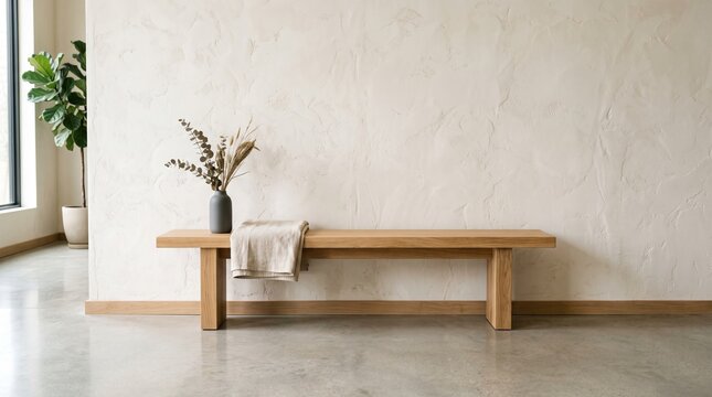 Minimalist wooden bench in modern interior
