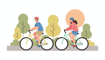 Naklejka premium Active couple enjoying a healthy outdoor lifestyle while riding bicycles on a scenic park path with a warm sunset and trees background.