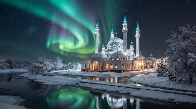Kul Sharif Mosque at night with northern lights in winter