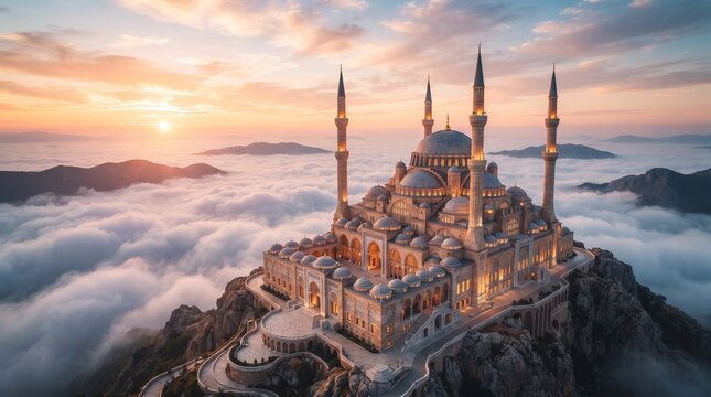 Grand mosque on mountain peak above clouds at sunset