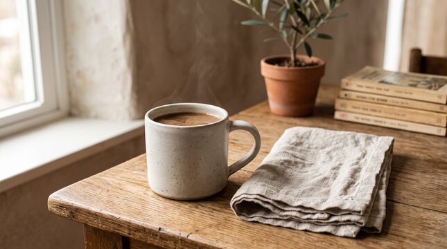 Steaming coffee mug on a rustic wooden table