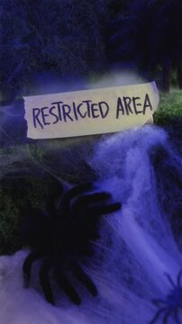 Light spotlighting Restricted Area sign on foggy moss