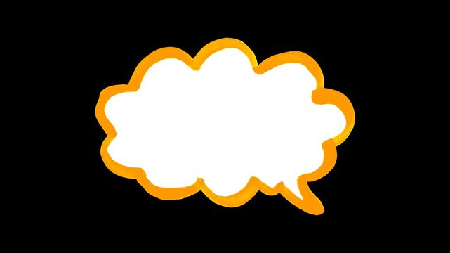 Hand-drawn speech bubble animation, orange cloud callout on black background, comic-style dialogue element, animated thought bubble motion graphics