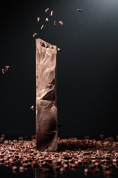 Large piece of dark chocolate and falling chocolate crumbs.