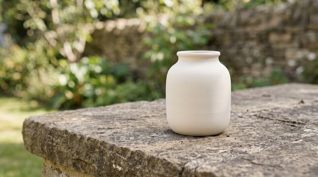 Minimalist white ceramic vase on a stone table in a garden