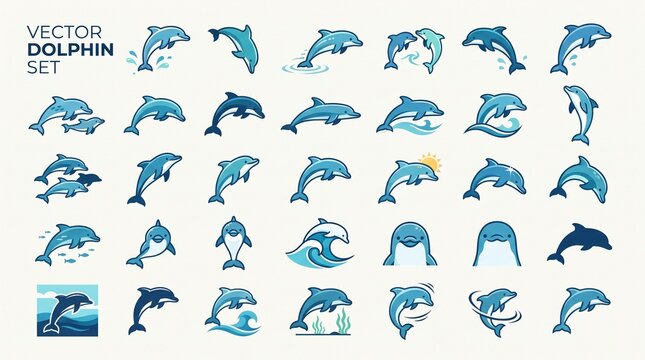 Set of vector dolphin icons and illustrations