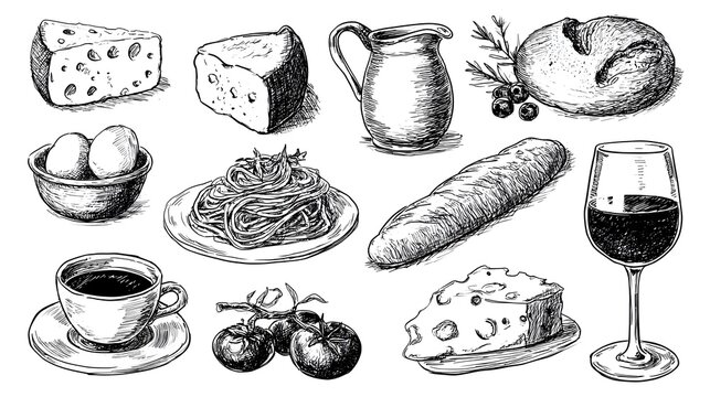 Hand drawn Italian whimsical doodle sketch clip art. Vintage La dolce vita (sweet life in Italian) icons. Crayon or brush drawn cheese, coffee cup, glass of wine with pasta, eggs or cheese. 