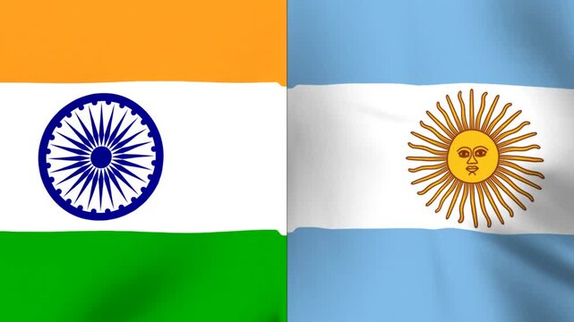 Waving national flags of India and Argentina placed side by side representing international cooperation and diplomatic relations