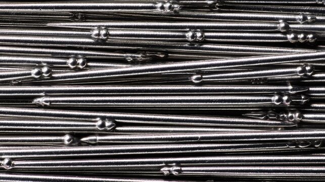 Super realistic extreme macro texture of hundreds of identical sewing needles arranged in dense parallel layers, polished steel shafts creating