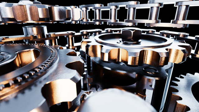 Complex gear system rotating with metal chains on black background