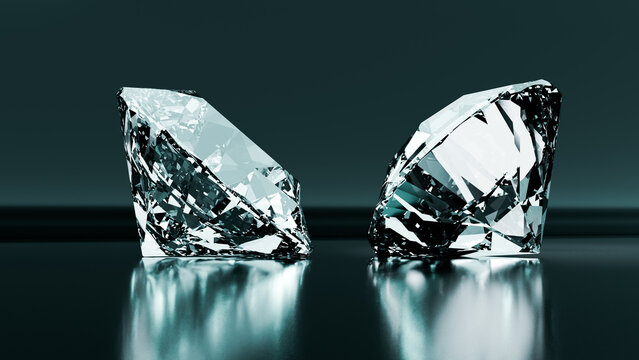 Two diamonds reflecting on dark surface exhibiting luxury and preciousness