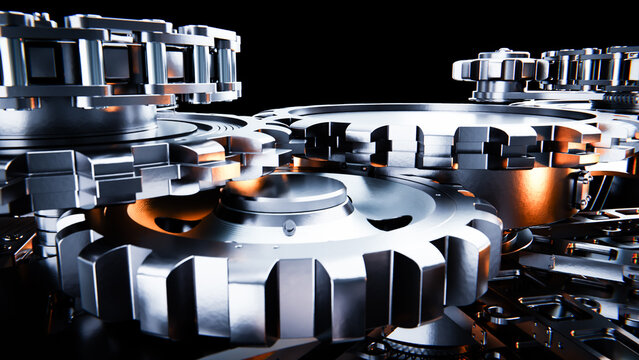 Interlocking metal gears rotating smoothly in complex mechanism