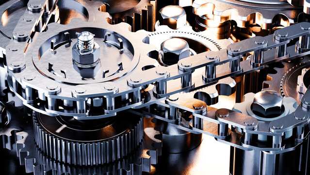 Metallic chain rotating gears in a complex mechanism