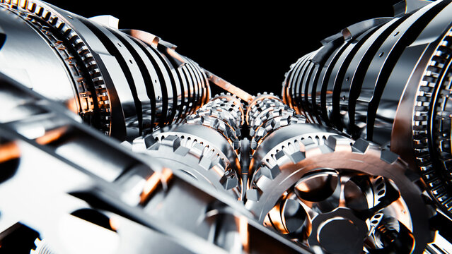 Complex engine internals showing gears and pistons working together