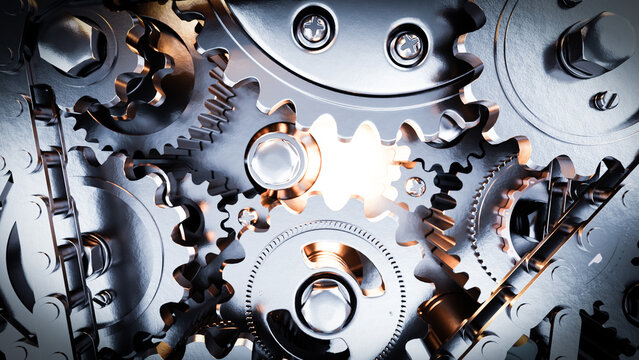 Interlocking metal gears rotating smoothly in complex mechanism