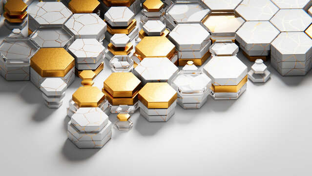 White and gold hexagonal structures creating an abstract background
