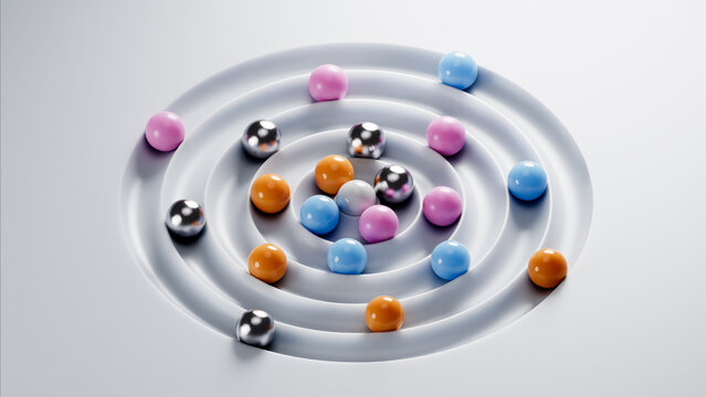 Colorful spheres rolling on concentric circles, abstract concept