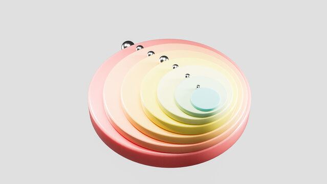 Pastel colored concentric circles creating visual target with metal spheres following curve