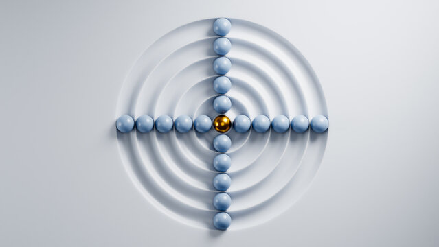 Golden sphere leading blue spheres in concentric circles, leadership and innovation concept